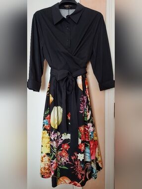 Teri Jon Cotton Shirtwaist Dress with Wrap Bodice and Springy  Floral Skirt, 22